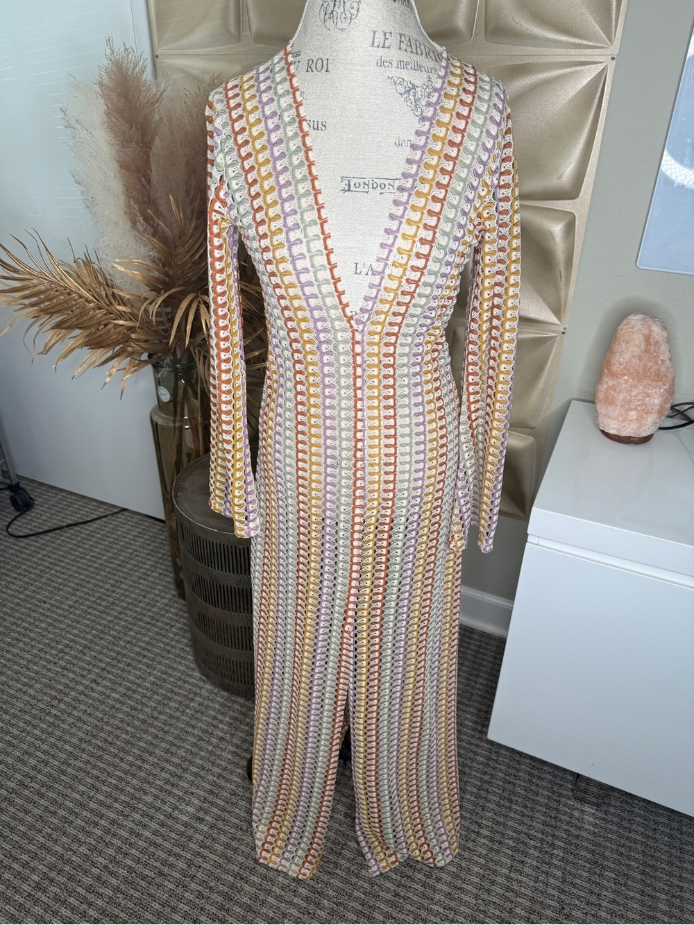 Boho Multicolor Striped Crochet Maxi Cover-Up — Deep V, Long Sleeve